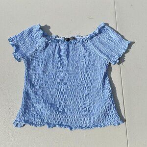 Suzy Shier Blue Scrunched Off-shoulder Crop top